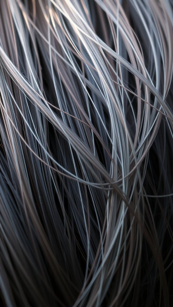 Close-up of dark chocolate hair with gray wisps