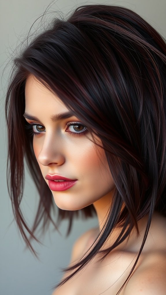 A close-up of a woman with dark red-violet hair featuring peek-a-boo blue highlights, showcasing a stylish and bold look.