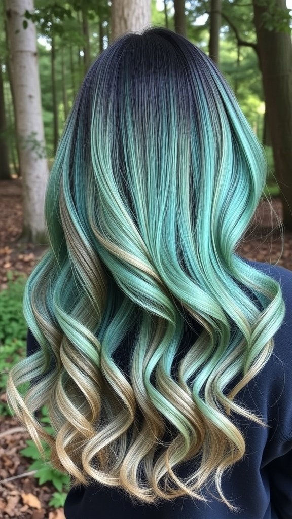 A hairstyle featuring a deep forest green to mint ombre, showcasing wavy hair with vibrant color transitions.