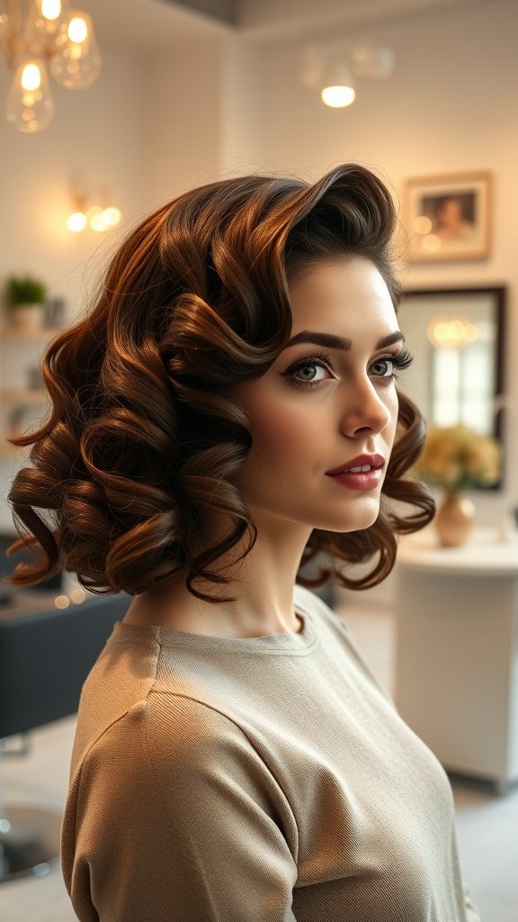 A woman with shoulder-length curly hair styled in elegant pin curls, showcasing a vintage-inspired look.