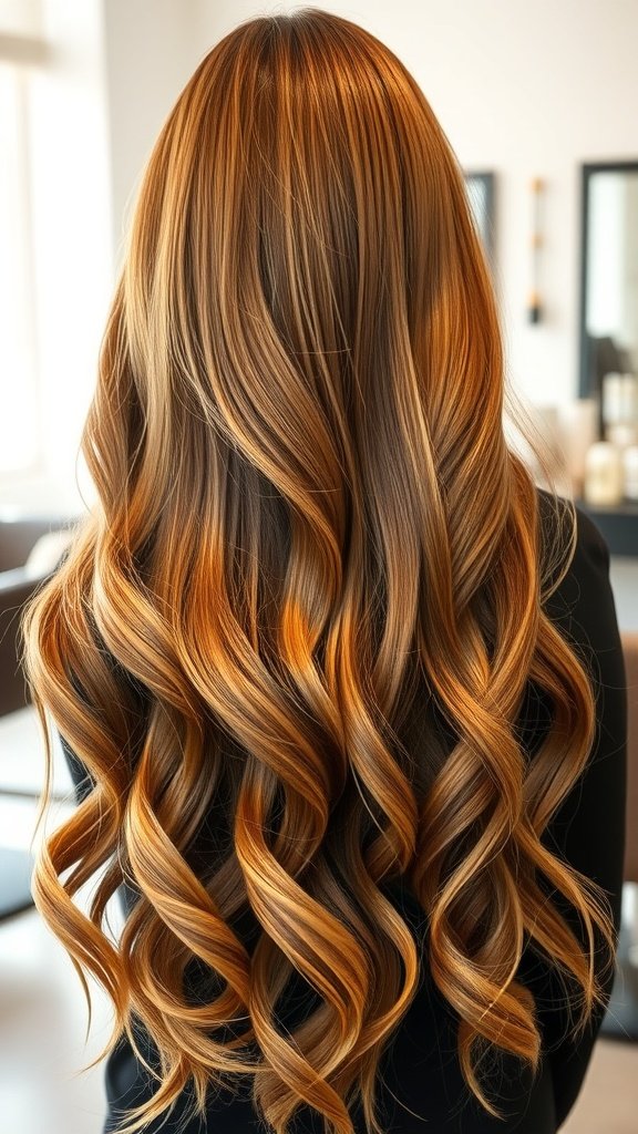 A hairstyle featuring golden caramel swirl hair color with soft waves.