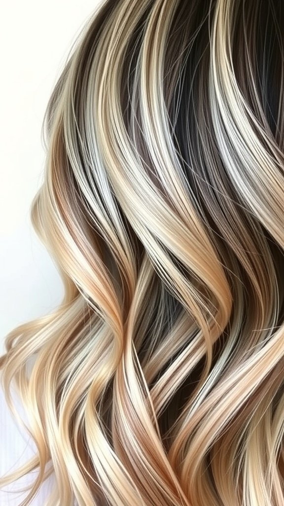 Icy blonde balayage hairstyle with dark roots and soft waves