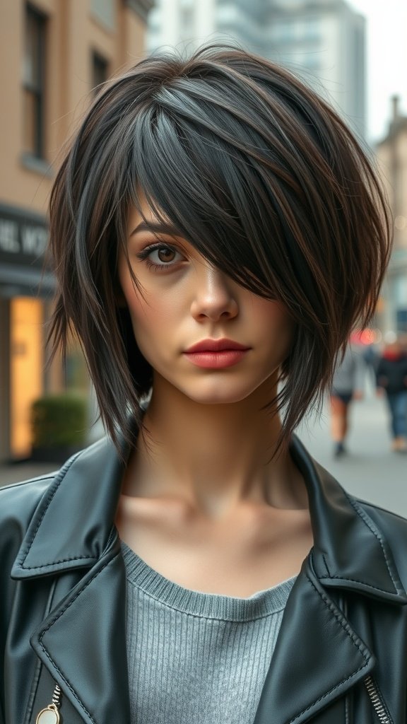 Model with a jagged cut bob hairstyle featuring choppy texture and a side-swept fringe.