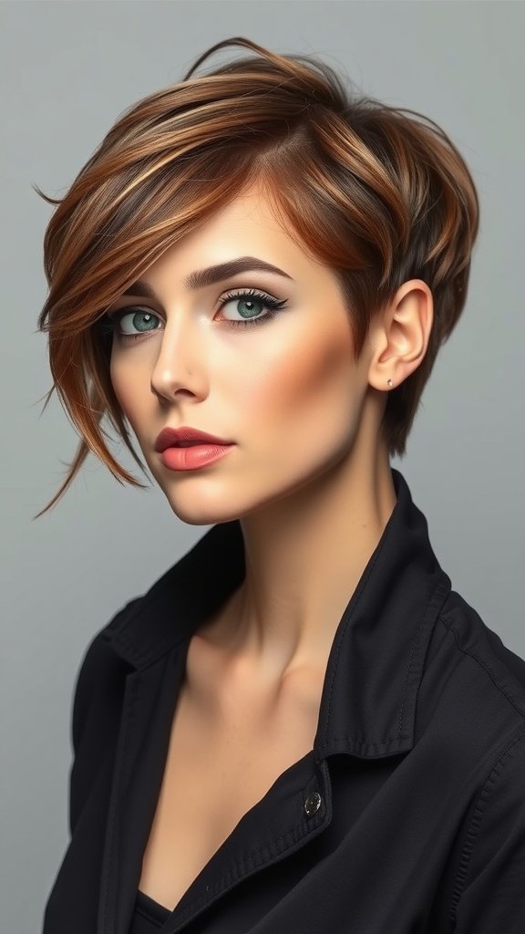 A woman with a layered pixie hairstyle featuring a side-swept fringe, showcasing a chic and stylish look.