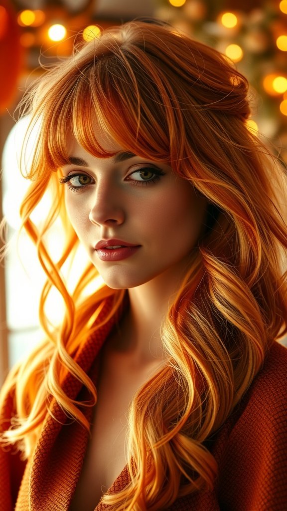 A woman with lively peachy copper hair styled in soft waves, set against a warm, glowing background.