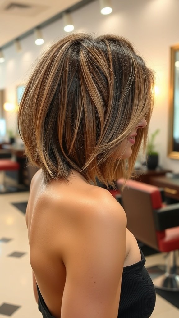 A woman with a lob haircut featuring razor-cut ends, showcasing soft layers and highlights.