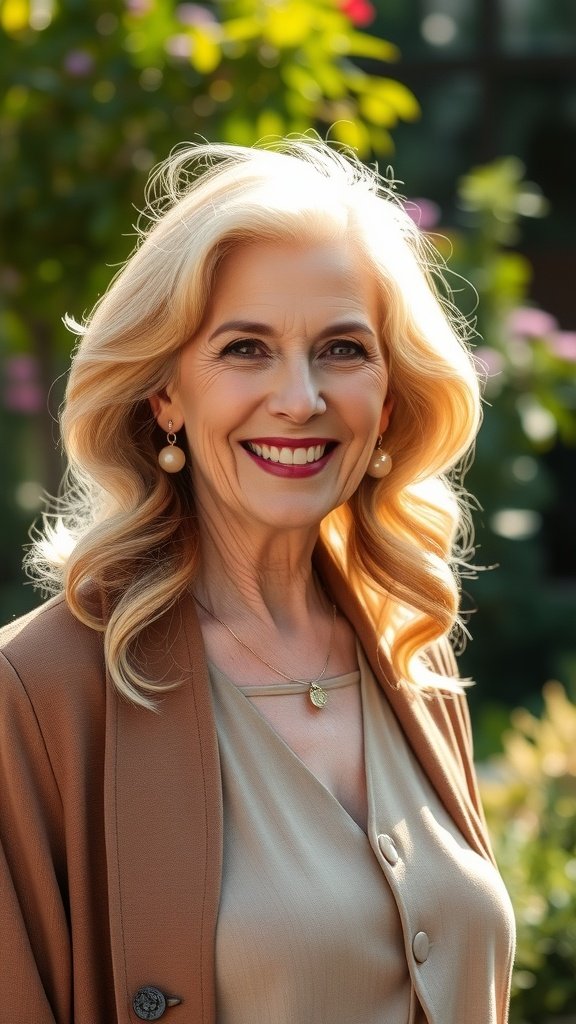 A woman over 70 with long layered hairstyle and curls, smiling outdoors.