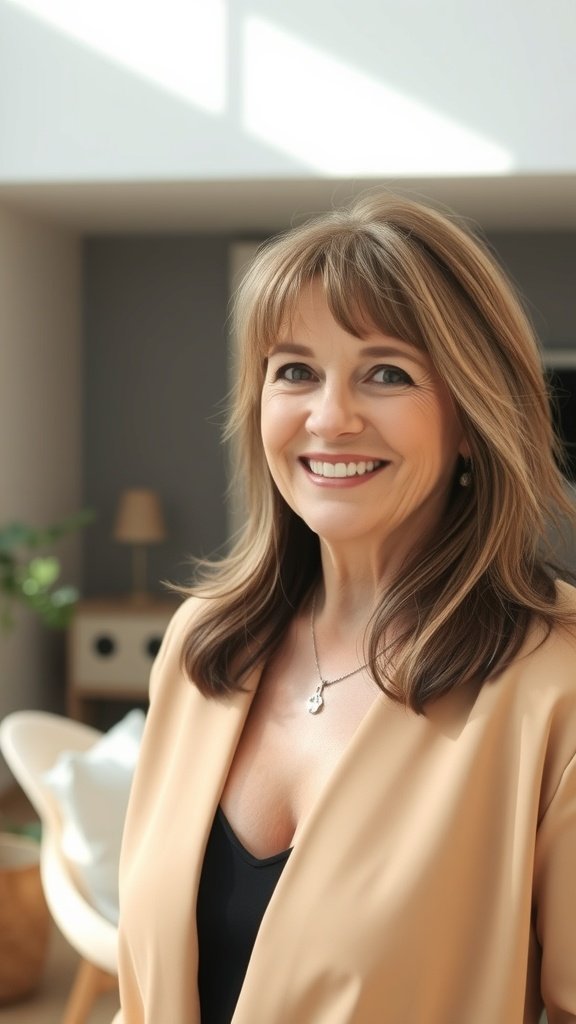 A woman with long layers and long bangs, smiling in a bright indoor setting.
