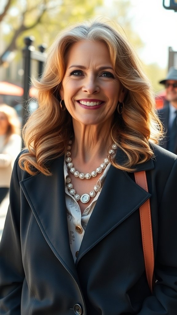A woman over 50 with long layers and soft curls, smiling confidently.