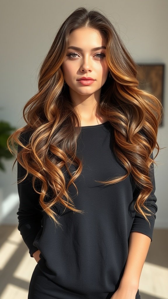 A woman with long layered hair styled in wavy curls, wearing a black top.