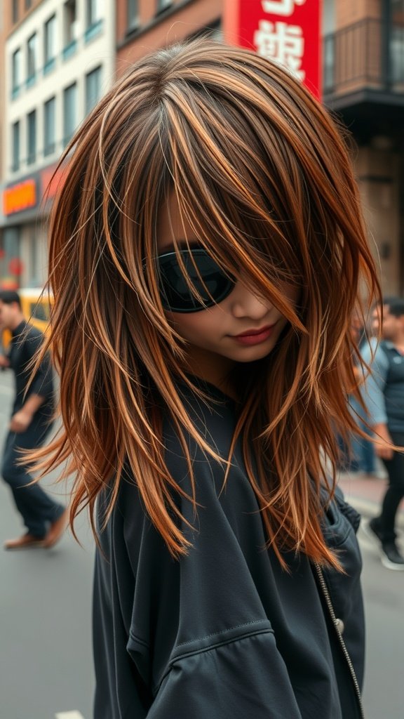 A stylish long shag haircut with auburn accents, featuring a model wearing sunglasses in an urban setting.