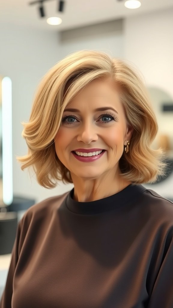 A woman with a mid-length blunt cut hairstyle featuring soft waves, smiling in a salon setting.