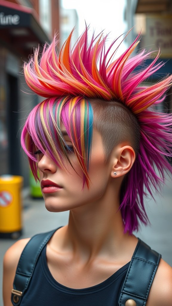 A person with a colorful Mohawk-inspired shaggy mullet hairstyle, showcasing vibrant pink, purple, and orange colors.