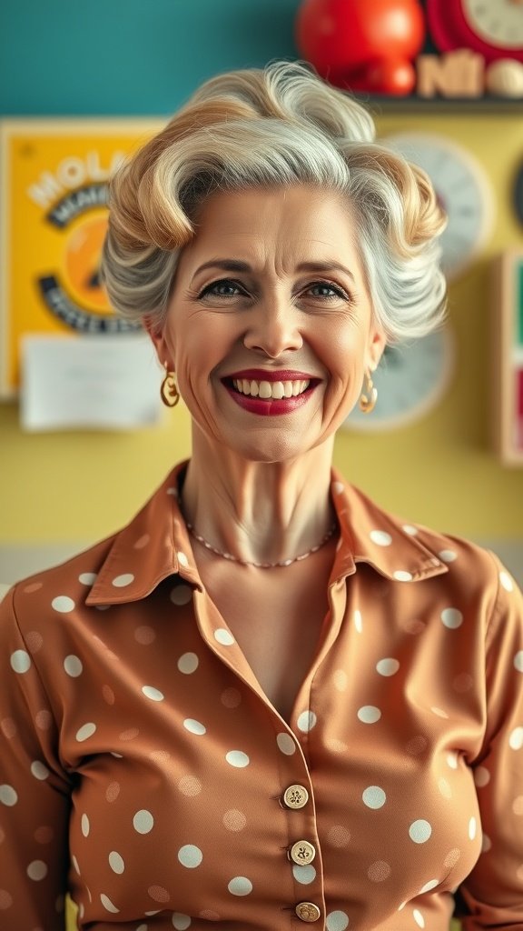 A woman with short pin-up style curls, smiling and wearing a polka dot shirt.