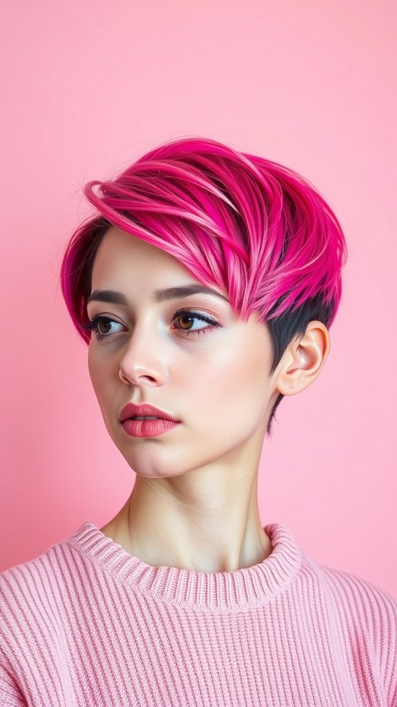 A woman with a pixie cut featuring vibrant pink hair and dark roots, wearing a pink sweater against a pink background.