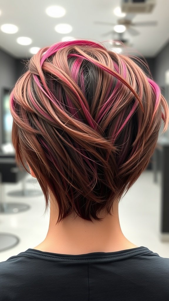 A stylish pixie haircut with asymmetrical layers and pink highlights, showcasing texture and movement.