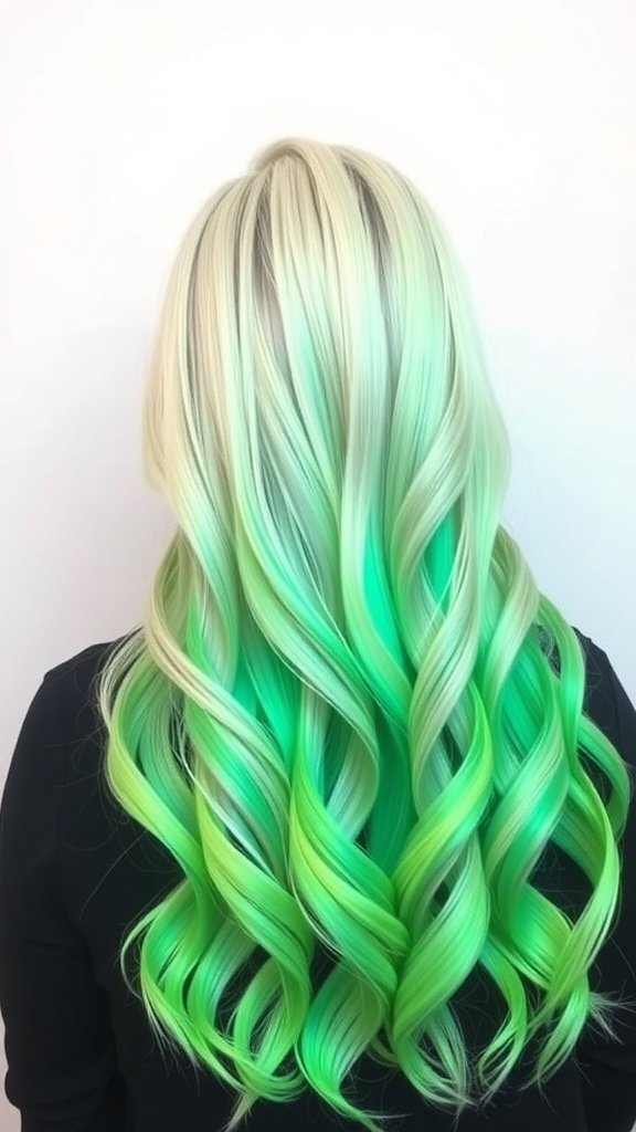 A back view of a hairstyle featuring platinum blonde hair transitioning into neon green ombre, styled in soft waves.