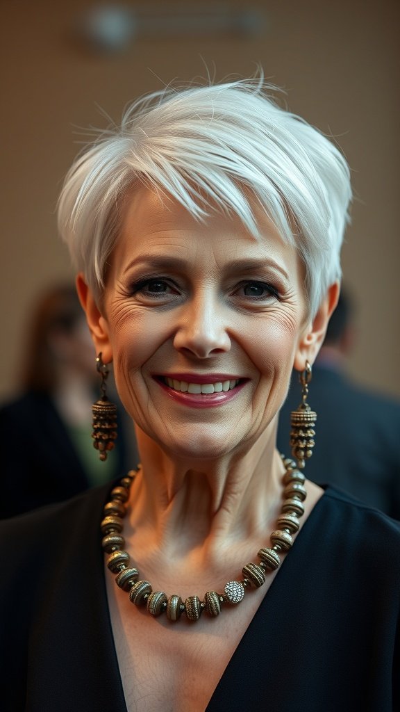 A woman with a polished pixie hairstyle featuring sideburns, wearing statement jewelry.