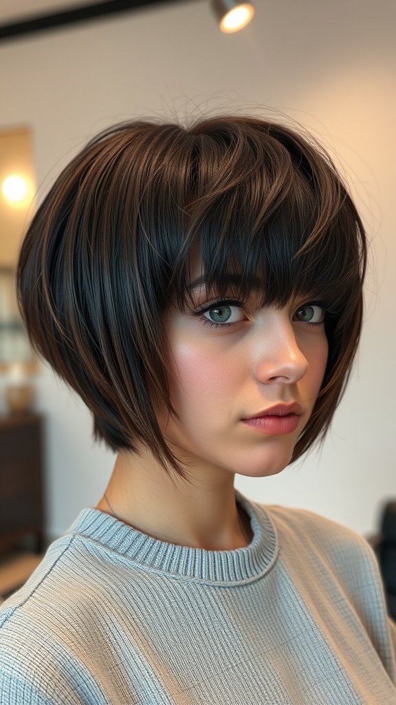 A woman with a razor-cut bob hairstyle featuring chunky layers, showcasing a stylish and modern look.