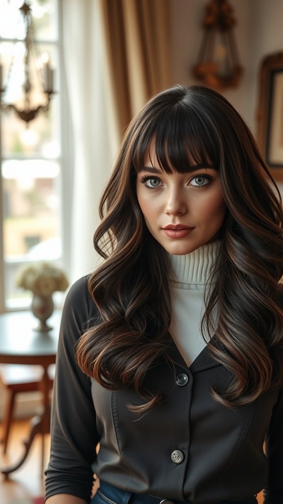 A woman with retro-inspired waves and full bangs, showcasing a stylish medium-length haircut.