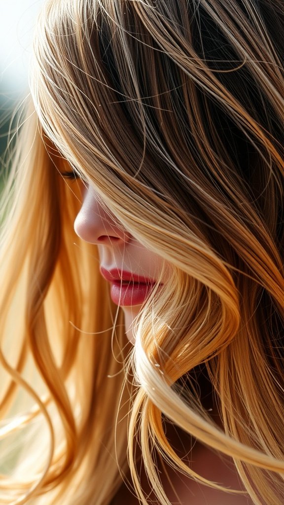 A close-up of a woman's hair featuring sandy blonde highlights on nutmeg brown hair, showcasing a beautiful blend of colors.