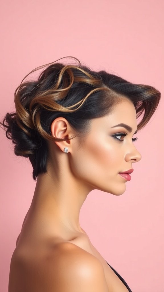 A model showcasing short curls with pinned sides, highlighting a stylish and elegant hairstyle.