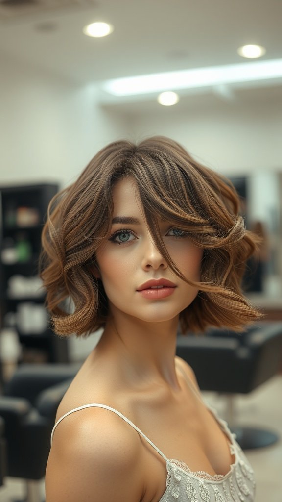 A woman with a short layered cut featuring soft curls, showcasing a youthful and vibrant hairstyle.
