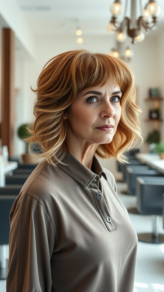 A woman with shoulder-length wavy hair and fringe bangs, showcasing a stylish hairstyle for women over 60.