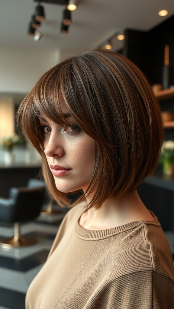 A woman with a sleek side-parted bob and wispy bangs, showcasing a modern hairstyle in a stylish salon setting.