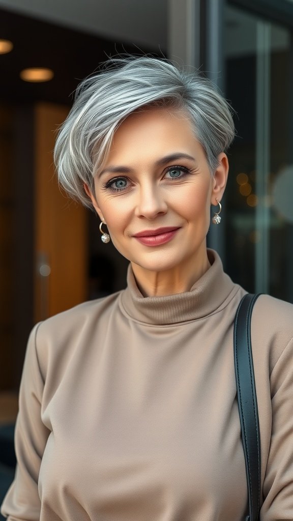 A woman over 40 with a soft pixie haircut and side parting, wearing a stylish top and earrings, smiling confidently.