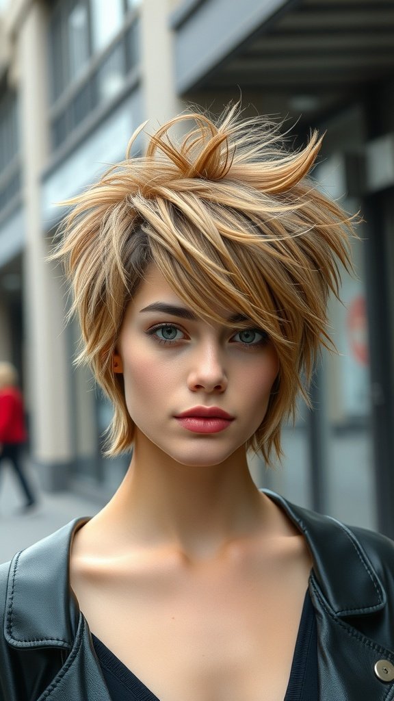 A woman with a spiky shag hairstyle featuring disconnected layers, showcasing a bold and edgy look.
