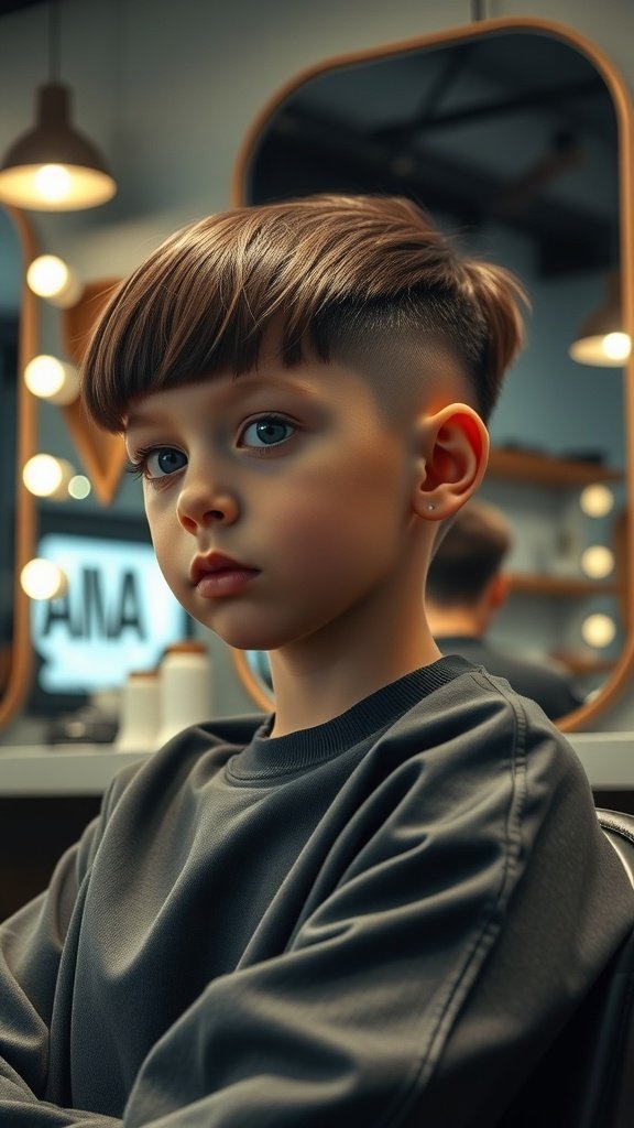 A boy with a straight fringe haircut and a fade, sitting in a barbershop.
