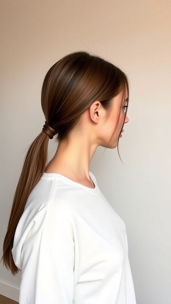 A woman with straight hair styled in a sleek low ponytail, wearing a white top.