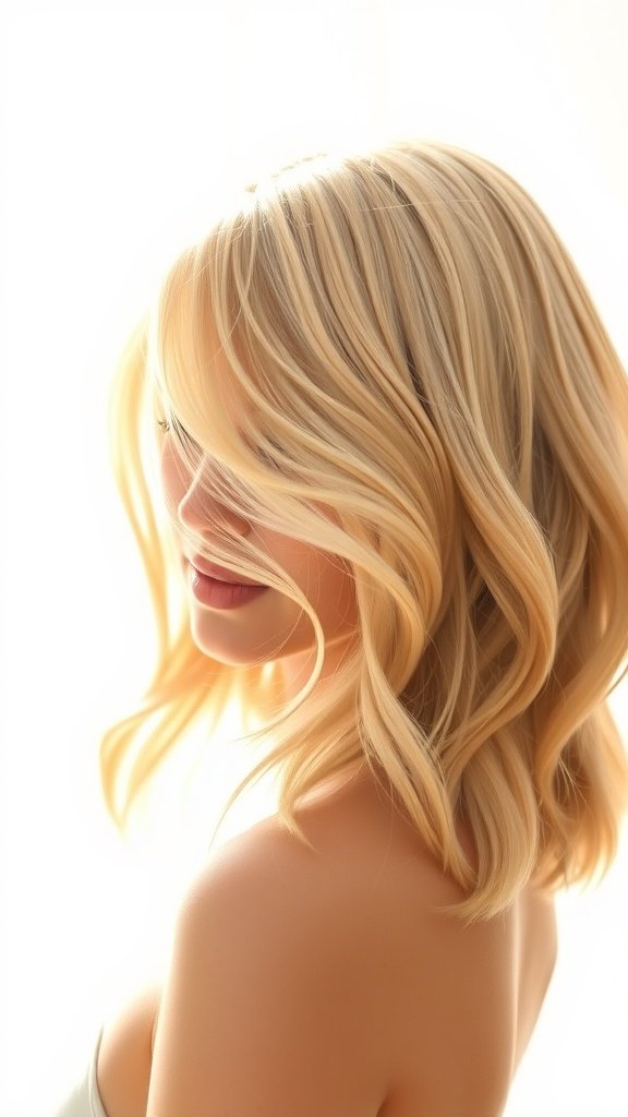 A woman with sunlit blonde shag haircut and luminous highlights, showcasing soft layers and movement.