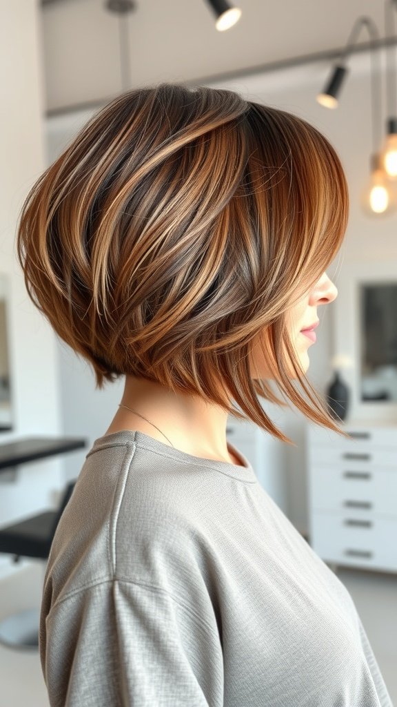 A woman with a chic bob haircut featuring swirling layers and warm hair tones.