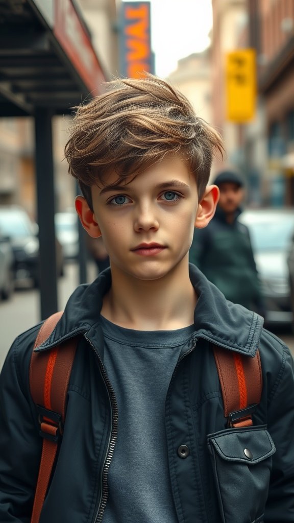 A young boy with a textured French crop hairstyle, wearing a dark jacket and looking confidently at the camera.