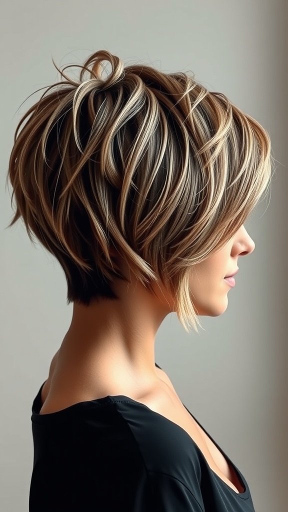 A woman with a textured pixie haircut featuring balayage highlights, showcasing a modern and stylish look.