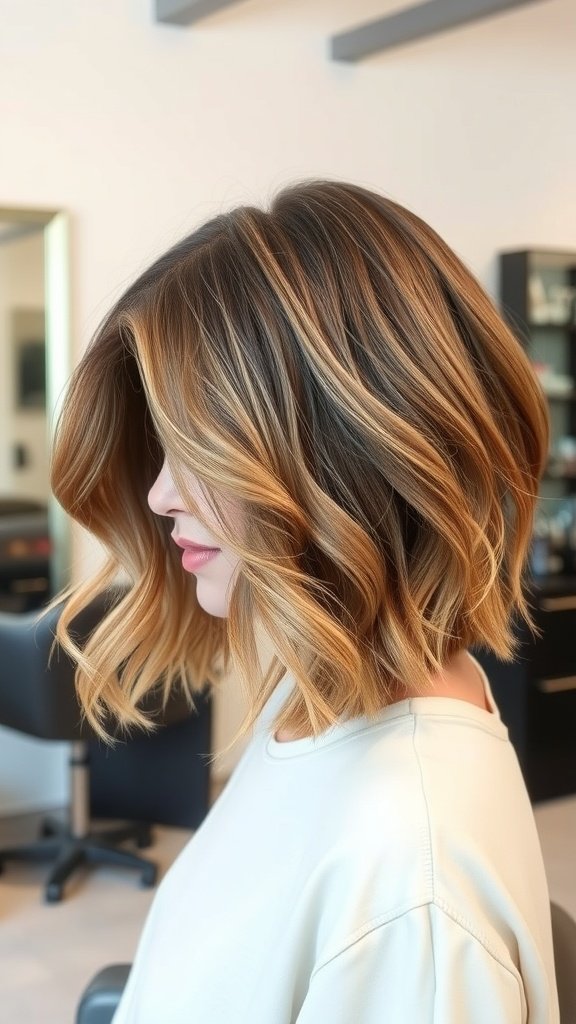 A stylish wavy bob hairstyle with a deep side part, showcasing soft waves and a beautiful blend of colors.