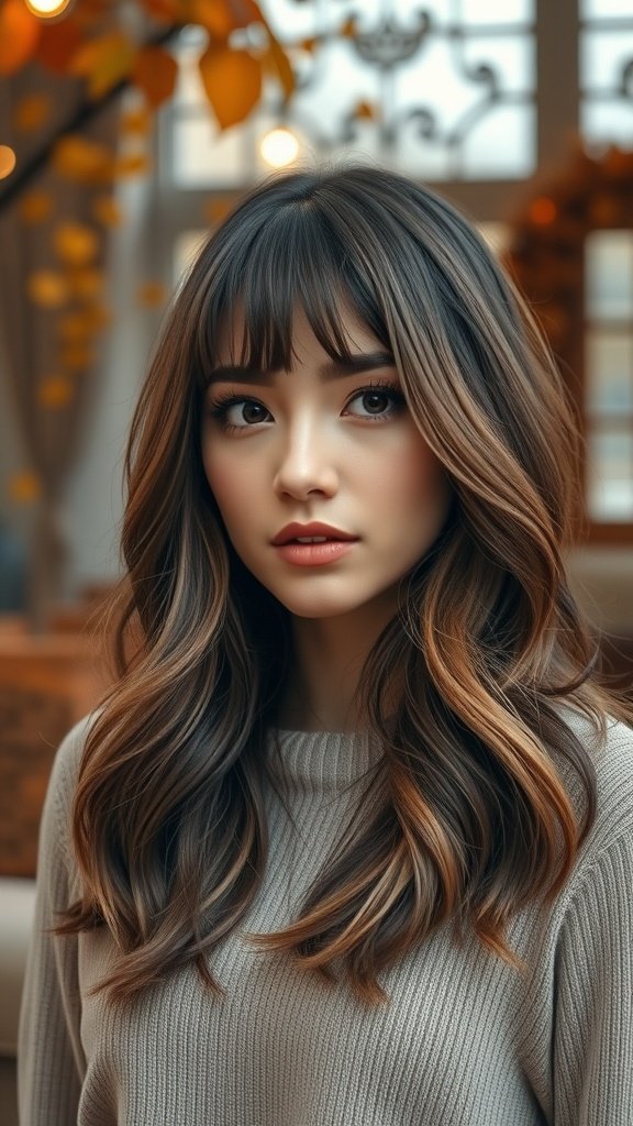 A woman with wavy curtain bangs, showcasing a hairstyle suitable for square faces.