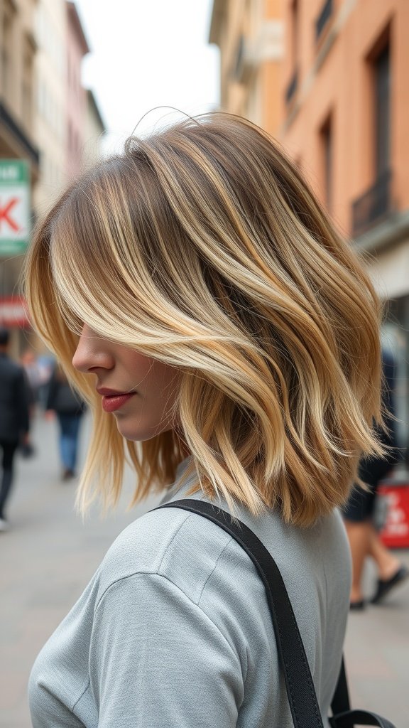 A woman with a wavy shag haircut featuring light feathering, showcasing a stylish and modern look.