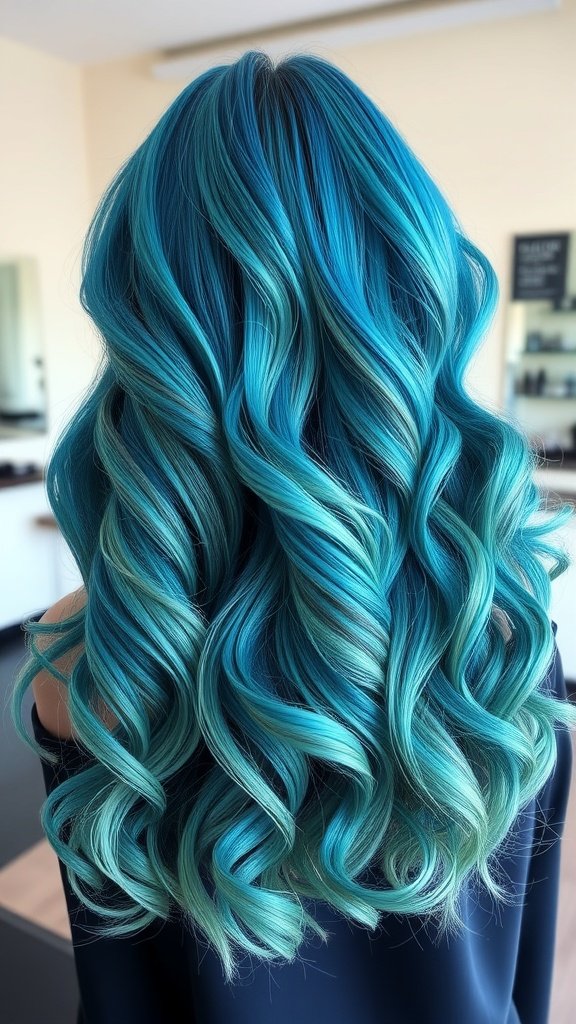 Aqua Marine Dream hair color featuring deep blue and teal waves