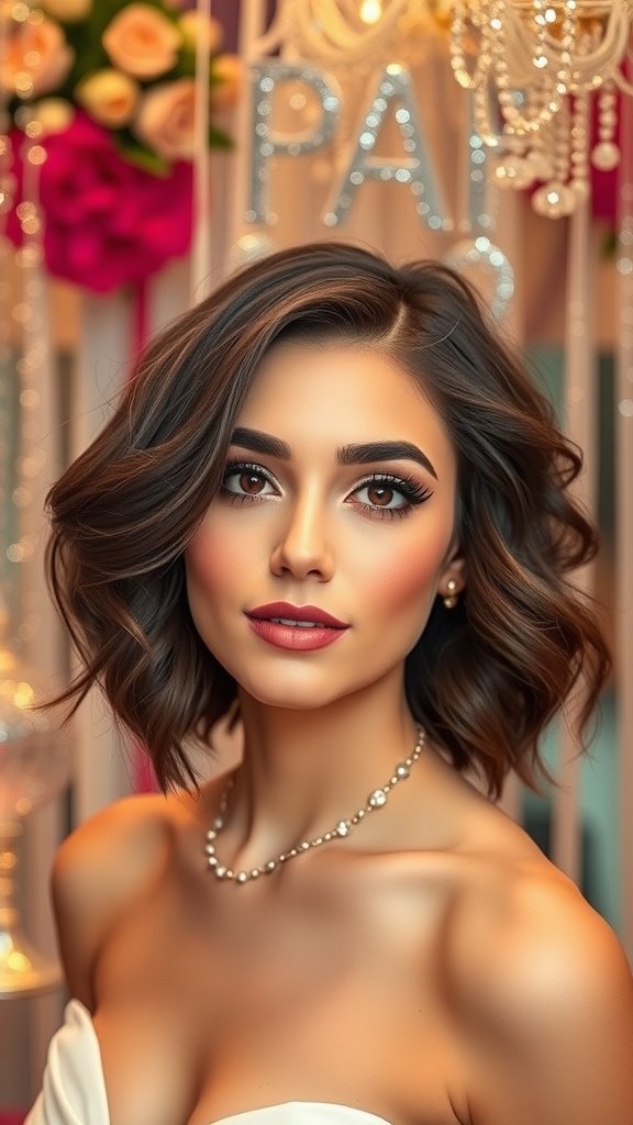 A woman with an asymmetrical curly bob hairstyle, wearing a strapless dress and a pearl necklace, with a glamorous background.