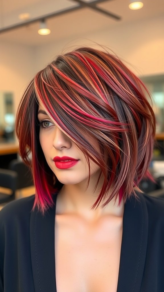 A woman with an asymmetrical layered bob hairstyle featuring bold red and black highlights.