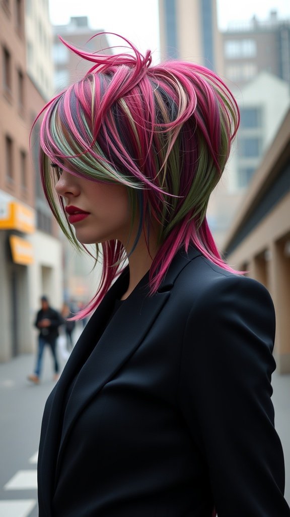 A model showcasing an asymmetrical long pixie cut with vibrant pink and green hair colors.