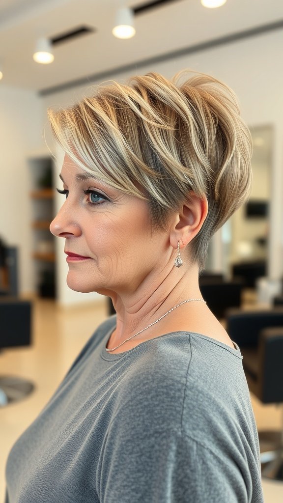 A woman with an asymmetrical pixie hairstyle featuring a shaved side, showcasing a modern and stylish look.