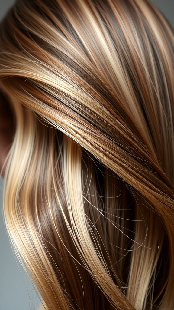 Close-up of hair featuring beige-blonde highlights on satin brown hair