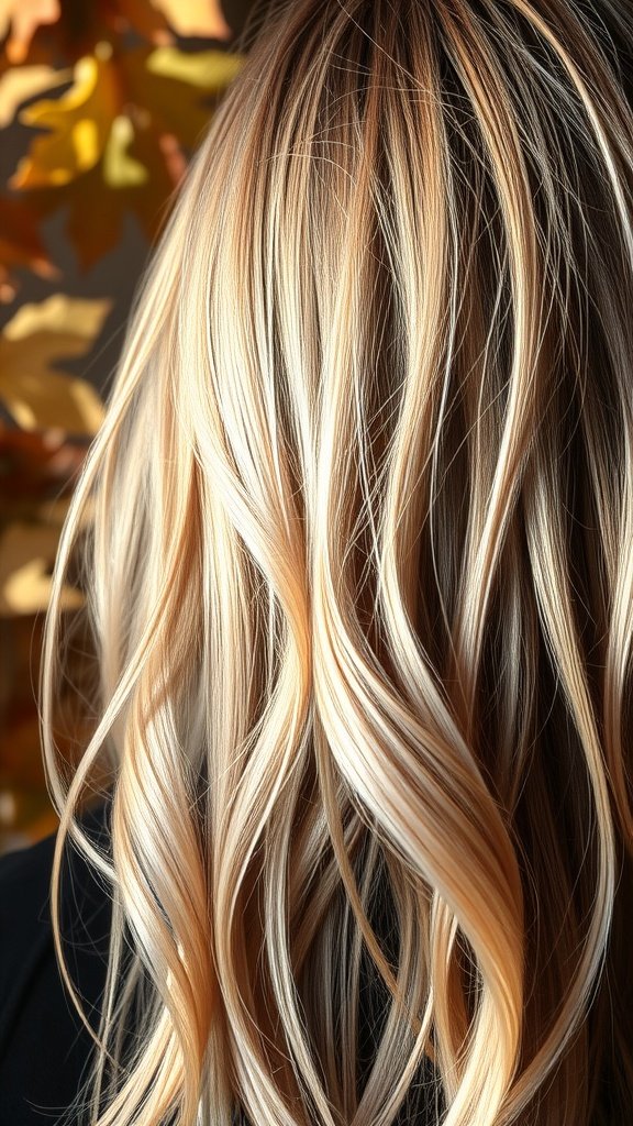 Blonde hair with soft pink highlights styled in waves