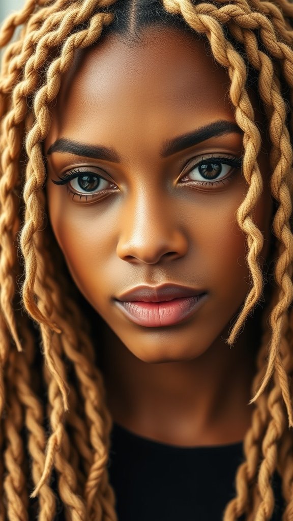 A close-up of a person with blonde dreadlocks featuring amber lowlights, showcasing a beautiful hairstyle.