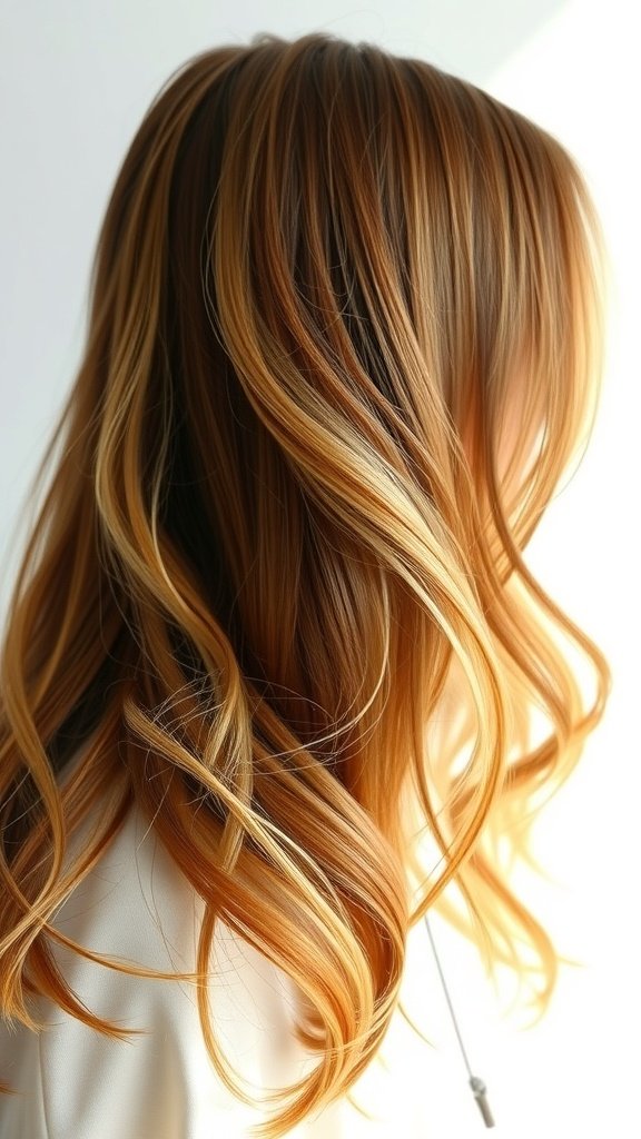 A beautiful hairstyle showcasing a caramel brown to warm honey ombre with soft waves.