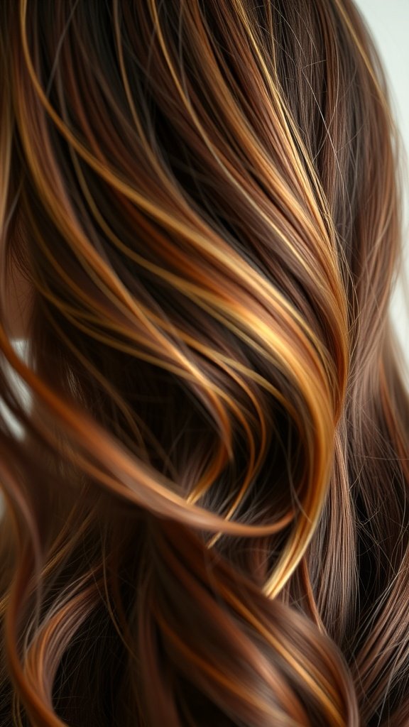 Close-up of dark brown hair with caramel highlights, showcasing flowing waves and vibrant color contrast.